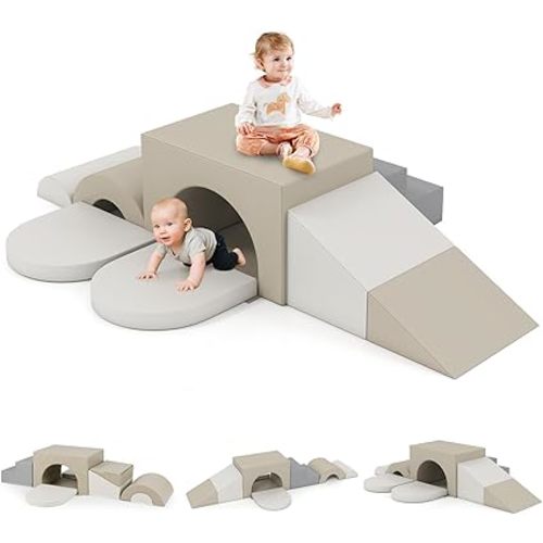 Olakids Toddler Climbing Toys Indoor, 8 Pieces Baby Foam Blocks Soft Play Set with PU Leather, Kids Climb Crawling Activity Gym Playground for 1+ Years (Gray)