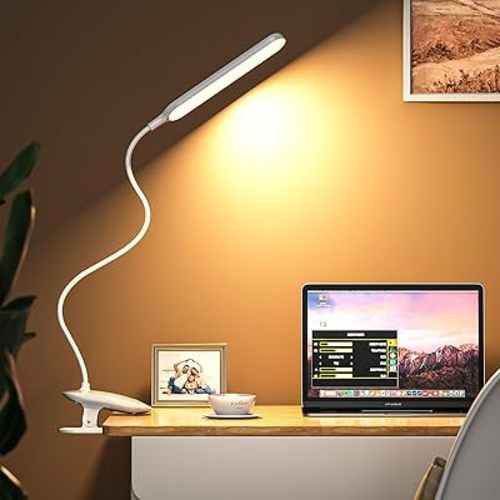 Desk Lamp, Table Lamp 1500mAh Dimmable Reading Lamp with Clamp and Type-C Charging Port, Desk Light for Home Office Reading Working Studying Gooseneck Adjustable Flexible - White