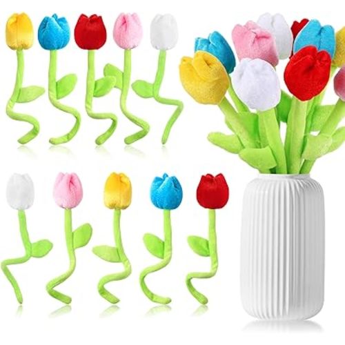 10 Pcs Plush Tulips Flower Stuffed Bendable Stems Plush Bouquet Toy Soft Rose Flower 12.6 Inch for Christmas 2026 Mother's Day Girl Girlfriend Wife(10 Pcs Colorful Tulip Series)