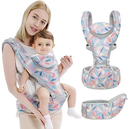 IULONEE 6-in-1 Newborn Baby Carrier Ergonomic Infant Carrier with Hip Seat Lumbar Front and Back Backpack Carry Holder Carrier for Babies Girls & Toddler Boys to 7-45lbs (Leaves Blue)
