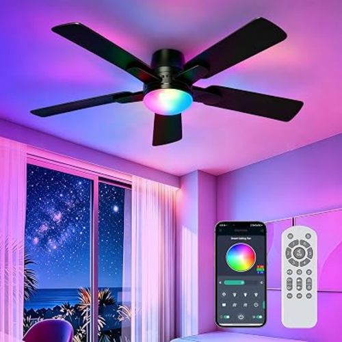 42" RGB Ceiling Fans with Lights, Low Profile Ceiling Fan with Light, RGB+3CCT 6 Wind Speeds, App & Remote Control, Flush Mount LED Fan Light, Fandelier Ceiling Fan for Bedroom, Living Room