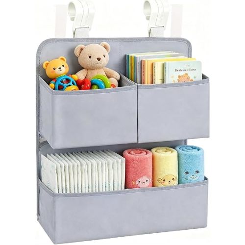 Hanging Diaper Organizer for Bassinet/Crib/Playpen/Playard – Hold 80+ Diapers - Changing Table Diaper Holder Attachment Accessories- Diaper Stacker Nursery Caddy Organizer (Gray)