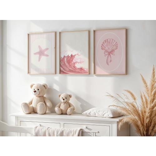Pink Coastal Beach Nursery Art Prints: Seashell, Starfish, Wave (Digital Download)