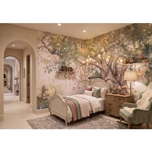 Enchanted Forest Treehouse Wallpaper Mural, Watercolor Fairy Woodland Kids Room Decor