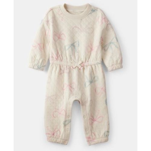 Baby Girls Bow-Print Long-Sleeve Quilted Jumpsuit