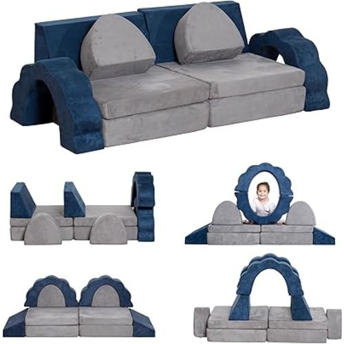 Modular Kids Play Couch 10 Pcs,Toddler Play Foam Sofa Fold Out Play Set with Flower Shape Climbing Blocks Bedroom and Playroom Furniture,Convertible Sofa for Creative Boy Girl