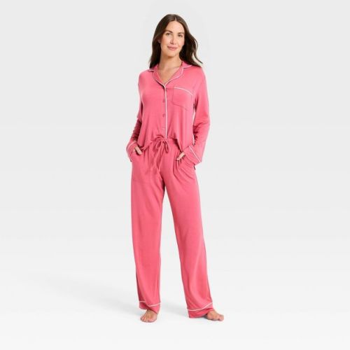 Women's Cloud Knit Long Sleeve Notch Collar Top and Pants Pajama Set - Auden™ Pink L
