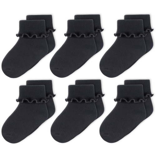 CozyWay Baby Girl Ruffle Socks - Turn Cuff Ankle Comfy Cotton Socks Infant - For Ages 1-11 Months - Black - 6 Pack