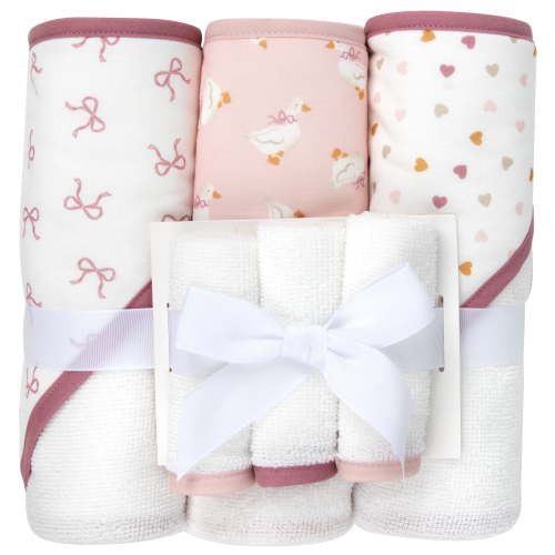 Jessica Simpson Baby 6-Piece Hooded Towel & Washcloth Set – Soft Polyester Hooded Towels + Matching Washcloths (Pink Bows & Hearts)