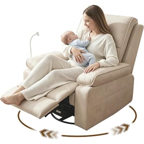 360° Swivel Glider Rocking Chair Nursery， Oversized Recliner with Phone Holder，Nursing Chairs for Breastfeeding with Wide Foot Rest for Living Room and Baby Room,Beige