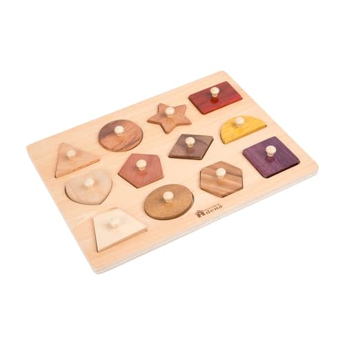 Adena Montessori Wooden Puzzles for Toddlers 1-2, 12 Piece Shape Peg Board with Knobs Educational Learning Toys for 1-2 Year Old Natural Wood Shape Sorter for Babies Durable Montessori Toys
