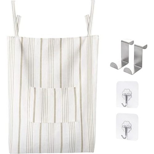 AELS Farmhouse Hanging Laundry Hamper with 2 Hooks, Boho Beige & Light Brown Stripes Laundry Bag with Zipper & Wide Open Top, Over the Door Organizer for Dirty Clothes, Washable Space Saving Storage