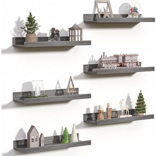 upsimples Floating Shelves for Wall, Wall Shelves for Decor Storage Set of 6, Wall Mounted Wood Shelf for Bedroom, Living Room, Bathroom, Kitchen, Picture Ledge Shelf, Grey