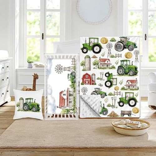 Baby Crib Bedding Set 3 Pcs - Tractor Crib Bedding Set for Boys Girls - Farm Print Nursery Bed Sets Include Soft Blanket Dotted Back, Fitted Sheet, Pillowcase for Newborn Infant Shower Gifts
