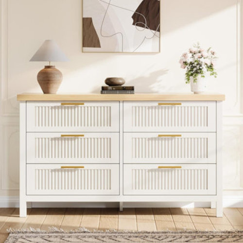 Ebern Designs Fluted 6-Drawer Dresser, 47.4"W Wood Chest Storage Cabinet with Metal Handles for Bedroom | Wayfair