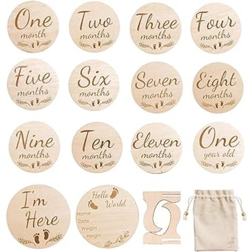 Baby Monthly Milestone Marker Discs with Birth Announcement Sign,Wooden Circles Cards to Document Baby's Growth, Pregnancy Journey Sign Baby Boy and Girl Gifts Set,1-12 Months,Photography Props