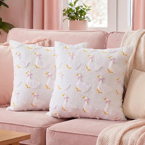2 Pack Goose Pillow Covers 18 x 18 Inch Pink Bow Goose Embroidery Pillow Cover 3D Jacquard Soft Plush Faux Fur Cushion Case for Home Couch Chair Bed Sofa Room Decor