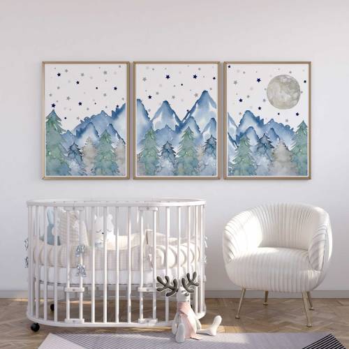 Blue Mountain Nursery Prints: Starry Night Sky, Woodland Decor (Set of 3)