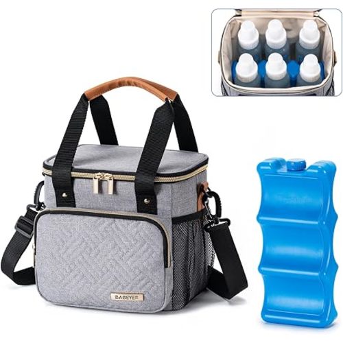 Breastmilk Cooler Bag with Ice Pack Fits 6 Baby Bottles up to 9 Ounce, Breast Milk Pump Cooler Bag for Nursing Mom Daycare, Work, Travel-Grey