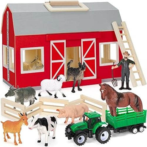 YEEBAY Farm Animals Toys for 3+ Year Old Kids Toddlers Girls Boys, Large Wooden Barn with Animal Play Figures, Farm Playset Educational Learning Toys, Ideal Christmas Birthday Gifts