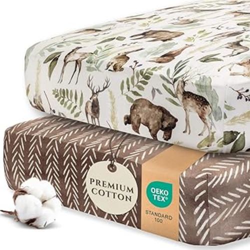 Pobibaby - 2 Pack Premium Fitted Baby Boy Crib Sheets for Standard Crib Mattress - Ultra-Soft Cotton Blend, Safe and Snug, and Stylish Woodland Crib Sheet (Wildlife)