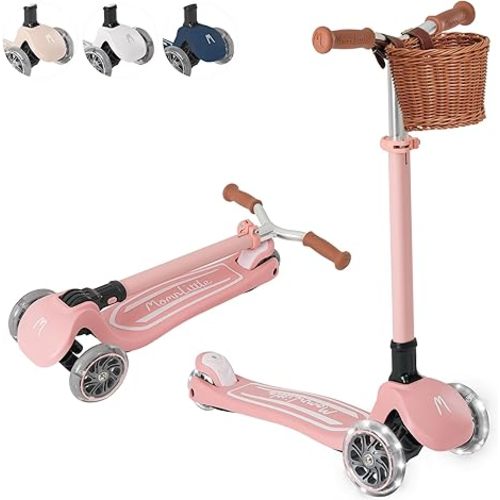 MomnLittle Kick Scooter for Kids Ages 3-10 (Beige/Pink/Navy/White) 3 Wheeled with LED Light-Up Wheels CPSC Certified Foldable and 4 Height Adjustable Toddler Scooters for Boys Girls