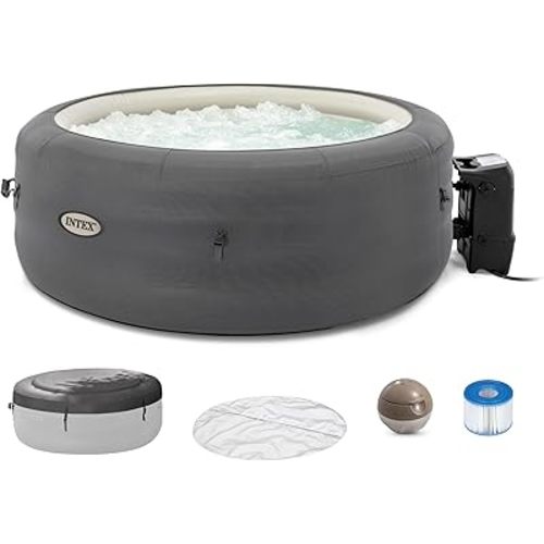 INTEX SimpleSpa 4 Person Round Inflatable Hot Tub, Bubble Massage Spa Set with Insulated Cover, Thermal Ground Cloth, & Chemical Dispenser, 77 in x 26 in