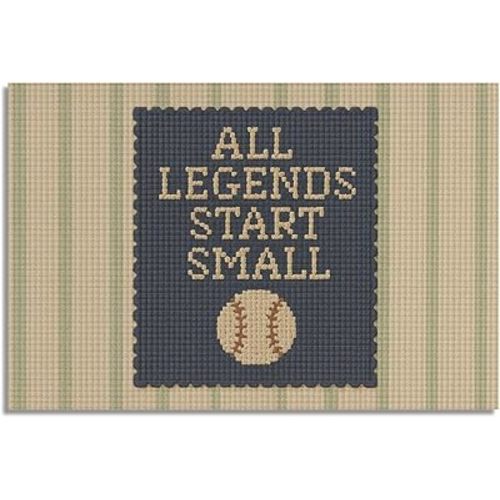All Legends Start Small Inspirational Canvas Wall Art, Motivational Nursery Baseball Sport Poster, Vintage Green and Blue Striped Print for Boy Toddler Bedroom Playroom 12x16in Unframed