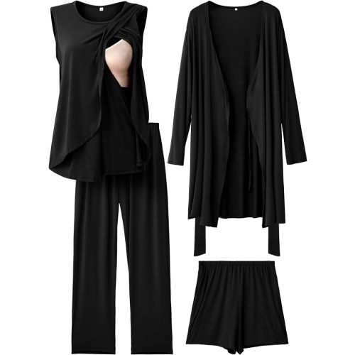 Rnxrbb 4 PCS All-Season Nursing Pajamas Robe Set Maternity Postpartum Pjs