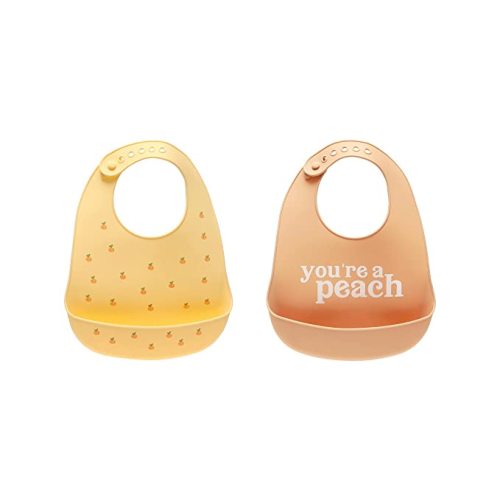 Pearhead Silicone Bib Set of 2, You're a Peach & Light Yellow Waterproof Bibs with Food Catcher, Adjustable Fit, Dishwasher Safe, Unisex Toddler Bib Set