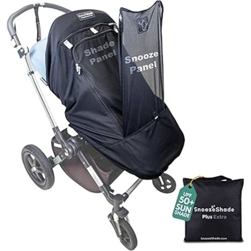 SnoozeShade Plus Extra–Stroller Sun Shade & Mosquito Net for 6m+ Babies Blocks 97.5% of UV (UPF 40+) Universal Fit Blackout Sleep Cover with Peekaboo Window Breathable Mesh Canopy for Single Strollers