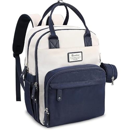 RUVALINO Diaper Bag Backpack-Multifunction Baby Travel Bag with Changing pad, Insulated Bottle Holders & Pacifier Case, Large Capacity, Waterproof, Cream & Blue