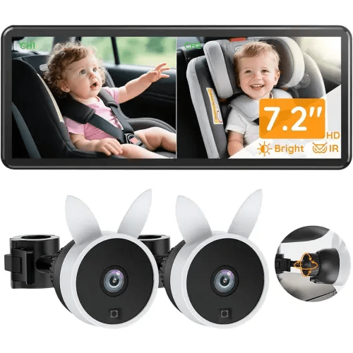 BV3PRO 7.2" Dual Car Camera Baby Monitor, 1080P HD Split Screen, IR Night Vision, Double Car Camera for 2 Baby, Easy Setup for Carseat, Perfect for Family Travel, Pet Friendly