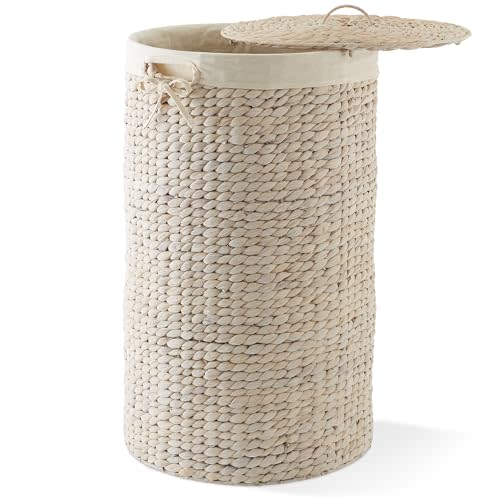 Casafield Round Laundry Hamper with Lid and Removable Liner Bag - Whitewash, Woven Water Hyacinth Wicker Laundry Basket for Clothes and Towels