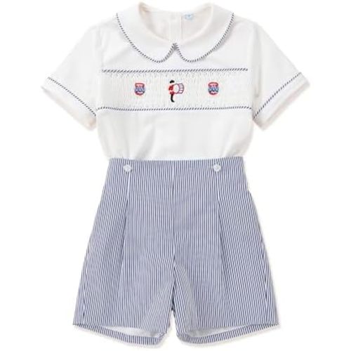 Twoflower Smocked toddler boy outfits Summer Cotton Short Sleeve boys' button-down shirts Casual 2 piece Clothing Set