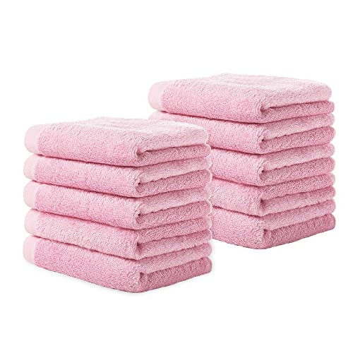 WOVTE Luxury Bamboo Washcloths Towel Set 10 Pack Baby Wash Cloth for Bathroom-Hotel-Spa-Kitchen Multi-Purpose Fingertip Towels and Face Cloths 10'' x 10''(Pink)