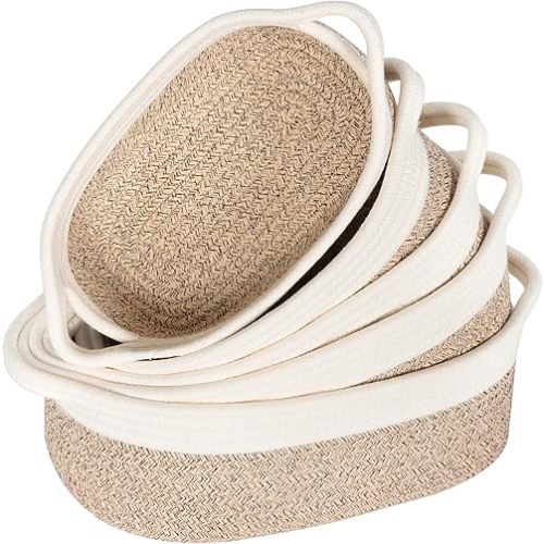 MINTWOOD Design 5-Piece Small Decorative Woven Storage Baskets Set for Shelves, Bathroom, Pantry and Nightstand Organizer, Catch All Tray for Organizing Gifts, Dog and Cat Toys, Light Brown