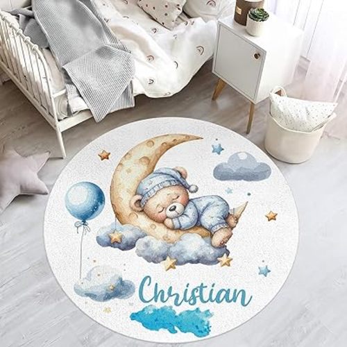 Custom Fluffy Baby Mats with Name for Toddler Play Area: Customized Name Bear Toddlers Crawling Mats with Non-Slip Backing - Personalized White Nursery Rugs with 4 Sizes