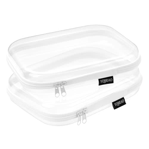 Hard Sided Clear Zipper Case for Storage- Professional-Grade Plastic Clear Zipper Pencil Case,Toy Storage Bins, Toiletry Pouch, Travel Organizer, Cosmetic Bag（White,2 Pack, M）