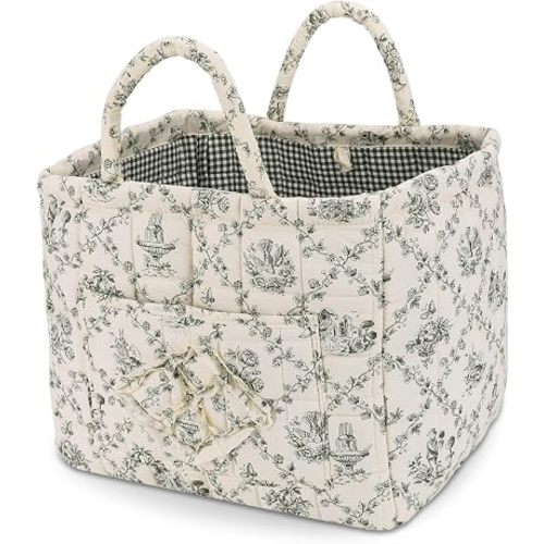 Car Storage Basket Quilted Boho Fabric Nursery Hamper for Clothes(Vine-Green)