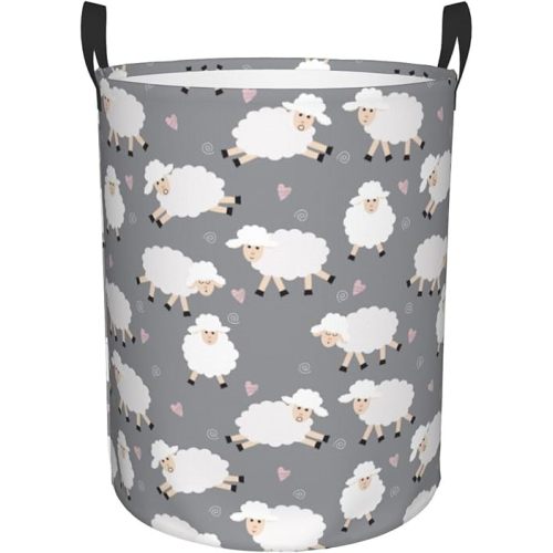 Cute Sheep Gray Background Round Laundry Hamper Storage Basket Toys Clothes Organizer Bin For Home Bathroom Bedroom Dorm Nursery, 38l