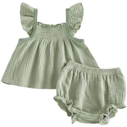 Mubineo Baby Girl Summer Clothes Cute Basic Plain Cotton Linen Ruffle Tops Dress Shorts Outfits Set Shirt Princess Outfit