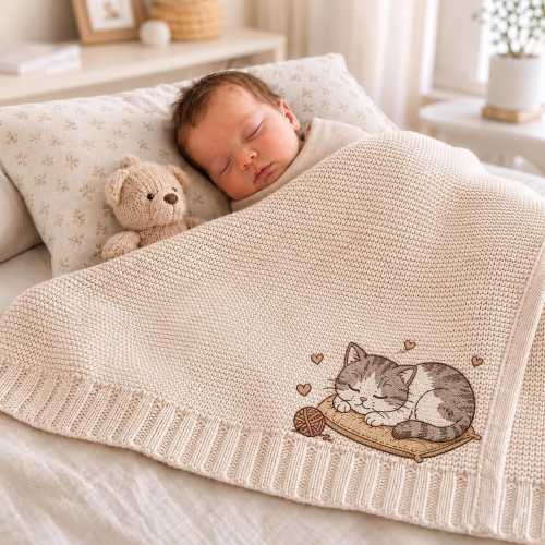 Personalized Cat Sleep Baby Blanket, Custom Name Knit Baby Blanket, Embroidered Sleeping Cat Blanket, Baby Shower Gift, Newborn Keepsake