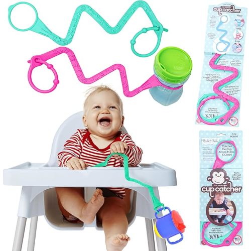 Brilli Baby Cup Catcher Patented Safety Tether Strap, Attach Sippy Cups, Bottles, Pacifiers & More to Stroller, High Chair, Car Seat, Made in USA, Food Grade, Dishwasher Safe (Aqua & Navy)