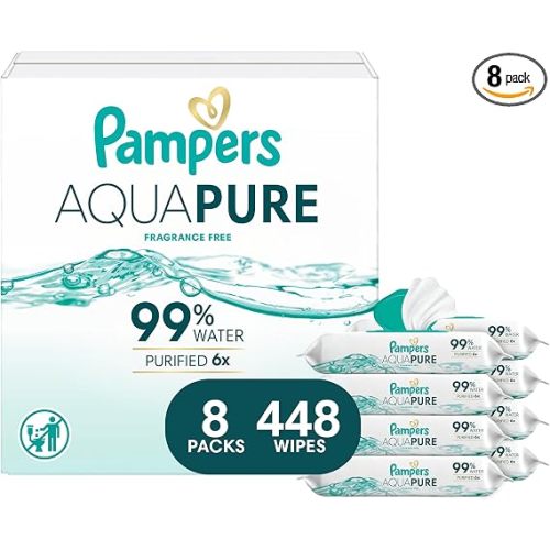 Pampers Aqua Pure Baby Wipes, 99% Water, Fragrance Free, Unscented, Water Based, Multi-Use, 448 Wipes Total (8X Flip-Top Packs) [Packaging May Vary]