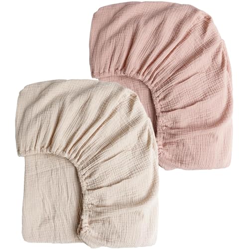 Konssy 2 Pack Muslin Crib Sheets for Standard Crib Mattress, 52" x 28" | 100% Cotton, Soft & Breathable, 360 Elastic Snug Fit, Solid & Printed Designs for Baby Girls & Boys (Pink,Cream)