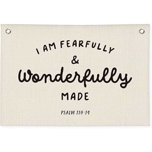 Kids Room Decor - Bible Verse Wall Hanging, 'I am Fearfully and Wonderfully Made' Linen Banner, Canvas Decoration for Classroom, Nursery, Kids Room