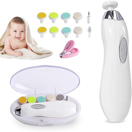 Baby Nail File Electric, 16 in 1 Safe Baby Nail Trimmer Manicure Kit Baby Fingernail Clippers with Light, Baby Nail Grinder Toes Care Trim Polish Grooming Set for Infant Toddler with Nail Clipper - White/Silver