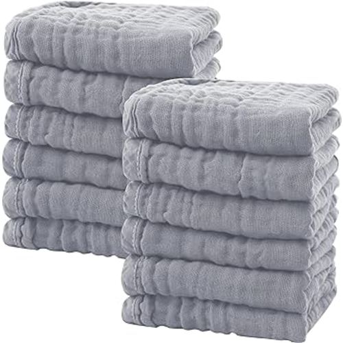 SWEET DOLPHIN 12 Pack Baby Muslin Washcloths - Soft Face Cloths for Newborn, Absorbent Bath Wash Cloths, Wipes, Burp Rag - Toddlers Essentials Stuff, Baby Registry as Shower -10"x10", Grey