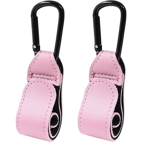 2 Pcs Stroller Hooks for Diaper Bag - Durable Leather Stroller Straps Diaper Bag Hooks - Stroller Clips for Stroller Wheelchair Shopping Carts - Pink